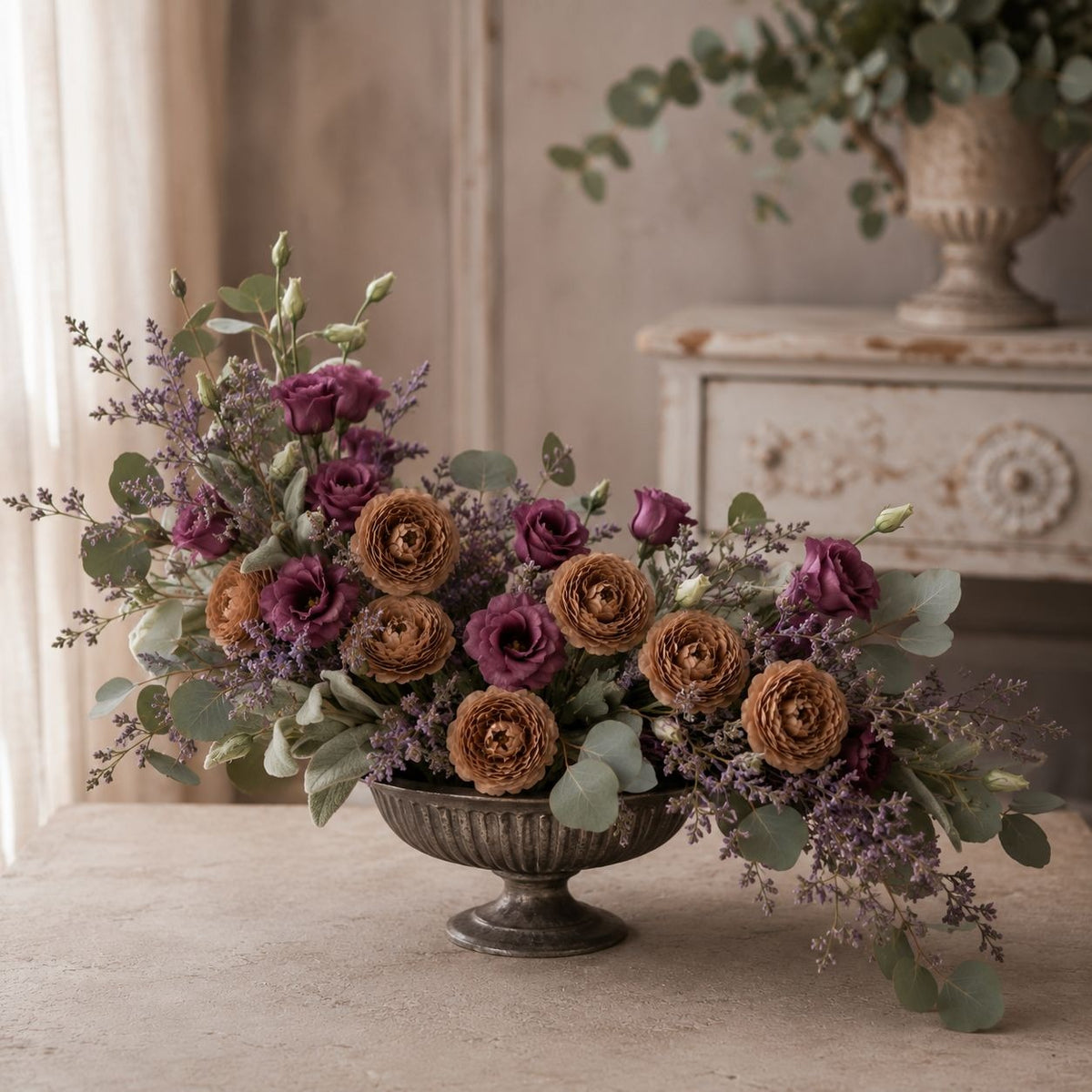 Chocolate Cream Brown Artificial Peony Ranunculus Flowers Set of 6 with 7 Inch Wire Stems Wreath Floral Craft Supply