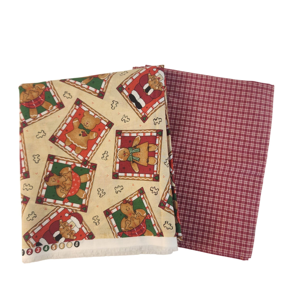 Christmas Cotton Fabric Bundle, Gingerbread Santa & Red Plaid, 4 Yards