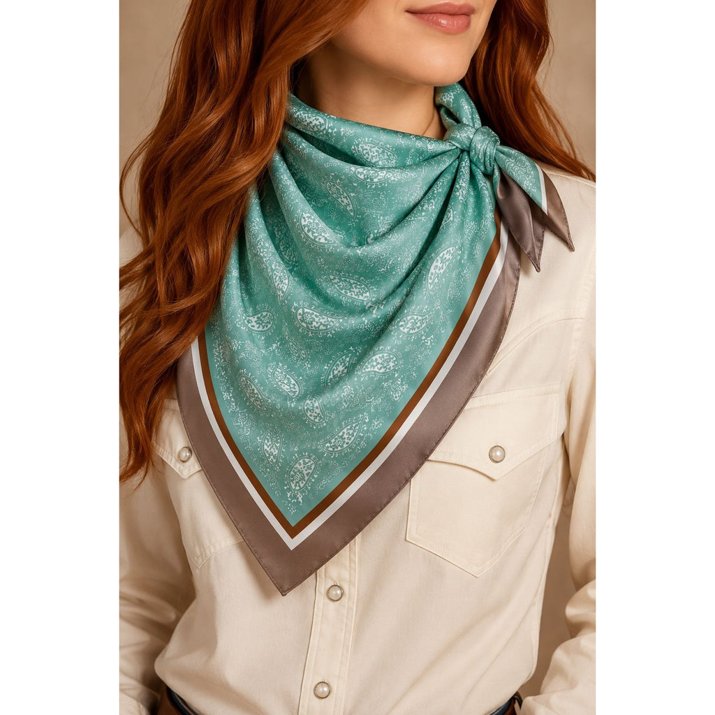 Aqua Teal Paisley Scarf 35x35 Satin Square Wild Rag Head Hair Scarf Western
