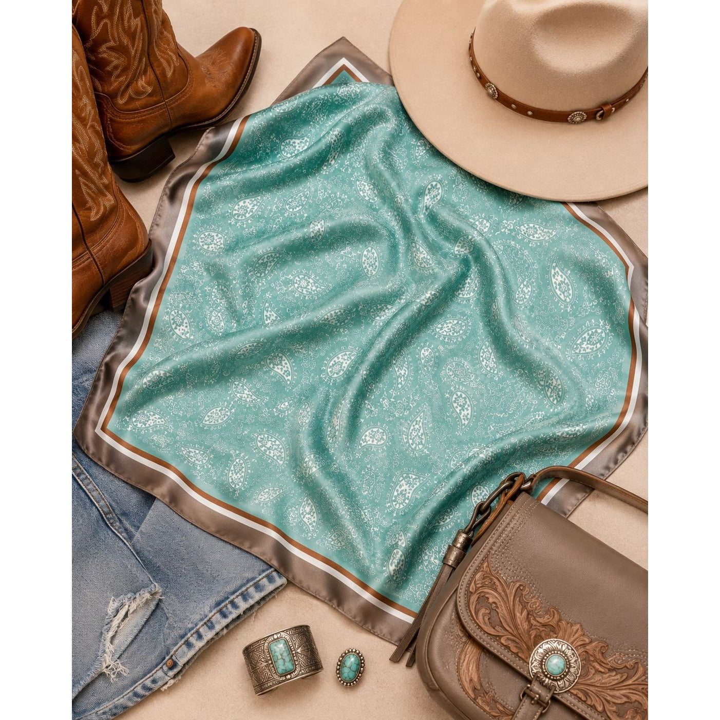 Aqua Teal Paisley Scarf 35x35 Satin Square Wild Rag Head Hair Scarf Western