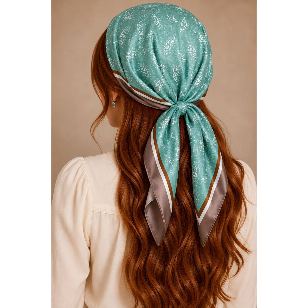 Aqua Teal Paisley Scarf 35x35 Satin Square Wild Rag Head Hair Scarf Western