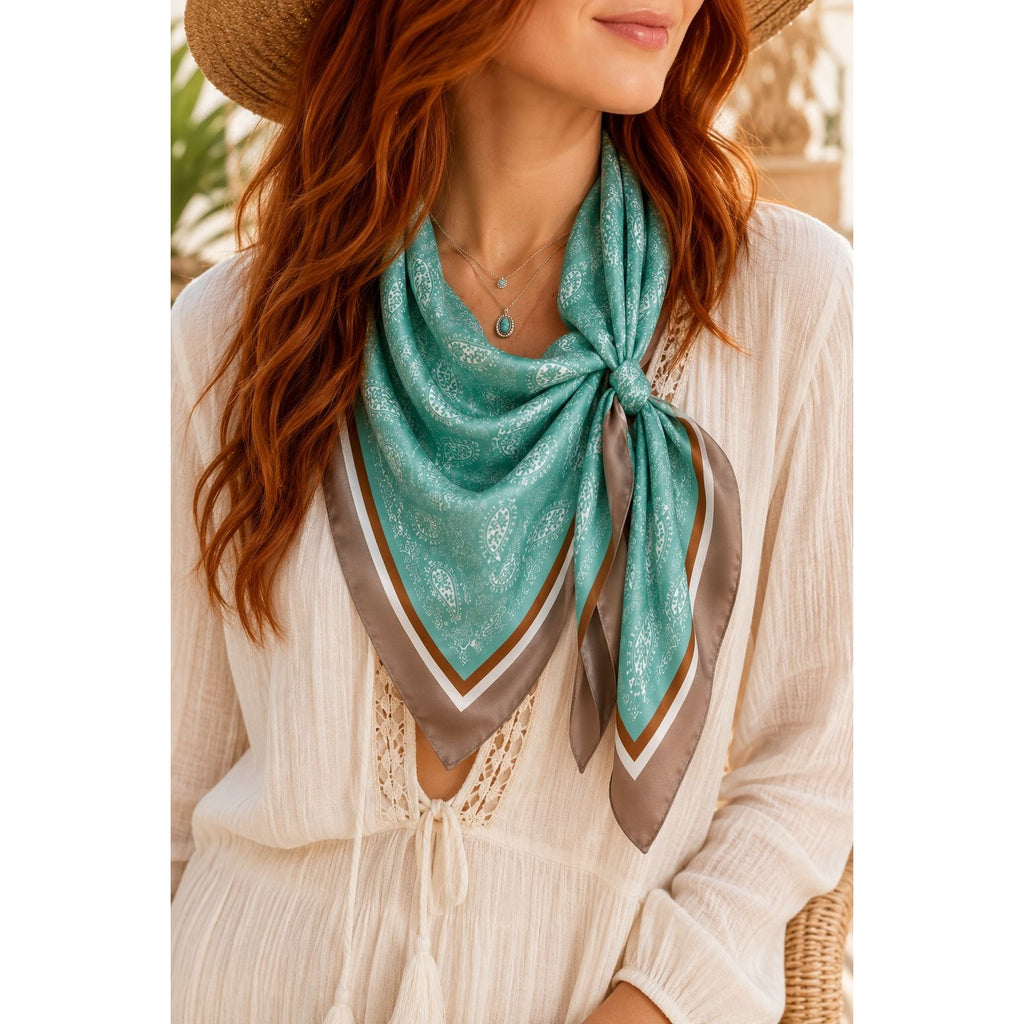 Aqua Teal Paisley Scarf 35x35 Satin Square Wild Rag Head Hair Scarf Western