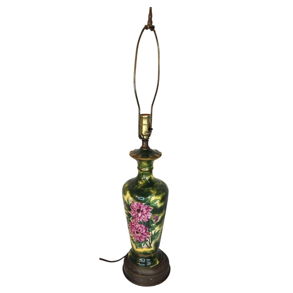 Vintage Victorian ceramic table lamp with hand-painted pink floral design, signed RE ROSE, dark green base with brass accents"