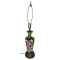 Vintage Victorian ceramic table lamp with hand-painted pink floral design, signed RE ROSE, dark green base with brass accents"