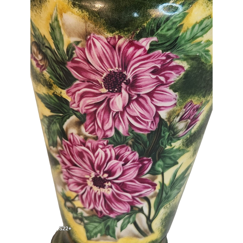 Vintage floral ceramic table lamp, hand painted Victorian style lamp, cottagecore decor, signed RE Rose lamp, green pink lighting
