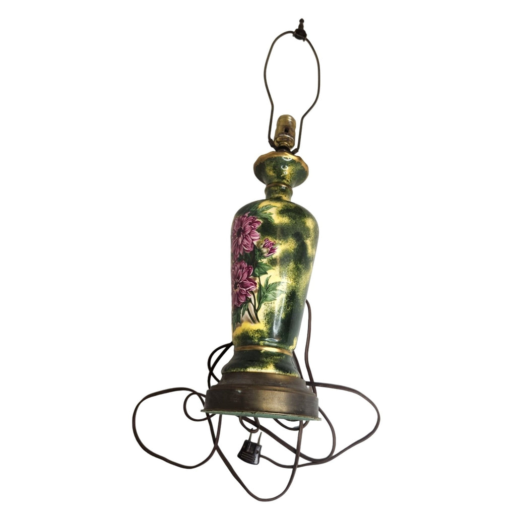 Vintage floral ceramic table lamp, hand painted Victorian style lamp, cottagecore decor, signed RE Rose lamp, green pink lighting