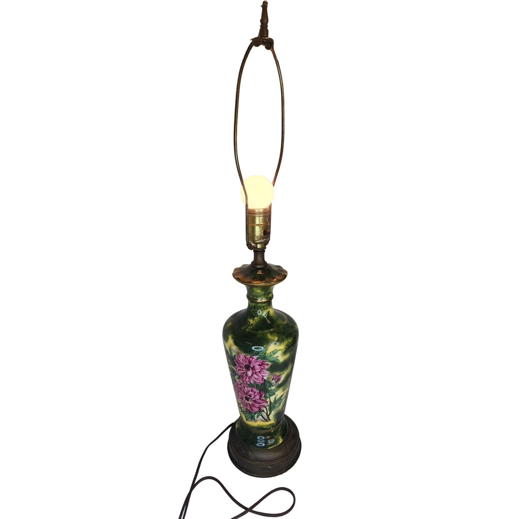Vintage floral ceramic table lamp, hand painted Victorian style lamp, cottagecore decor, signed RE Rose lamp, green pink lighting