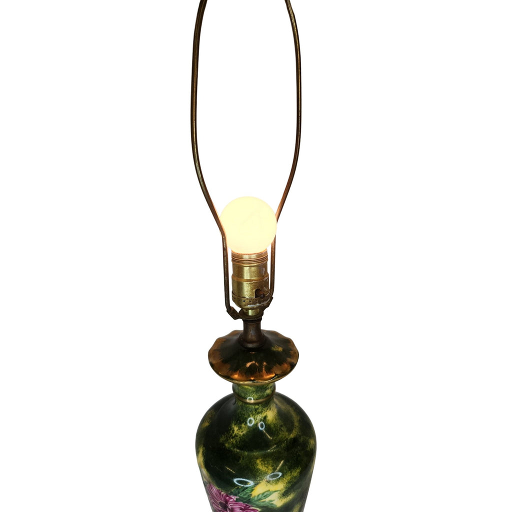 Vintage floral ceramic table lamp, hand painted Victorian style lamp, cottagecore decor, signed RE Rose lamp, green pink lighting
