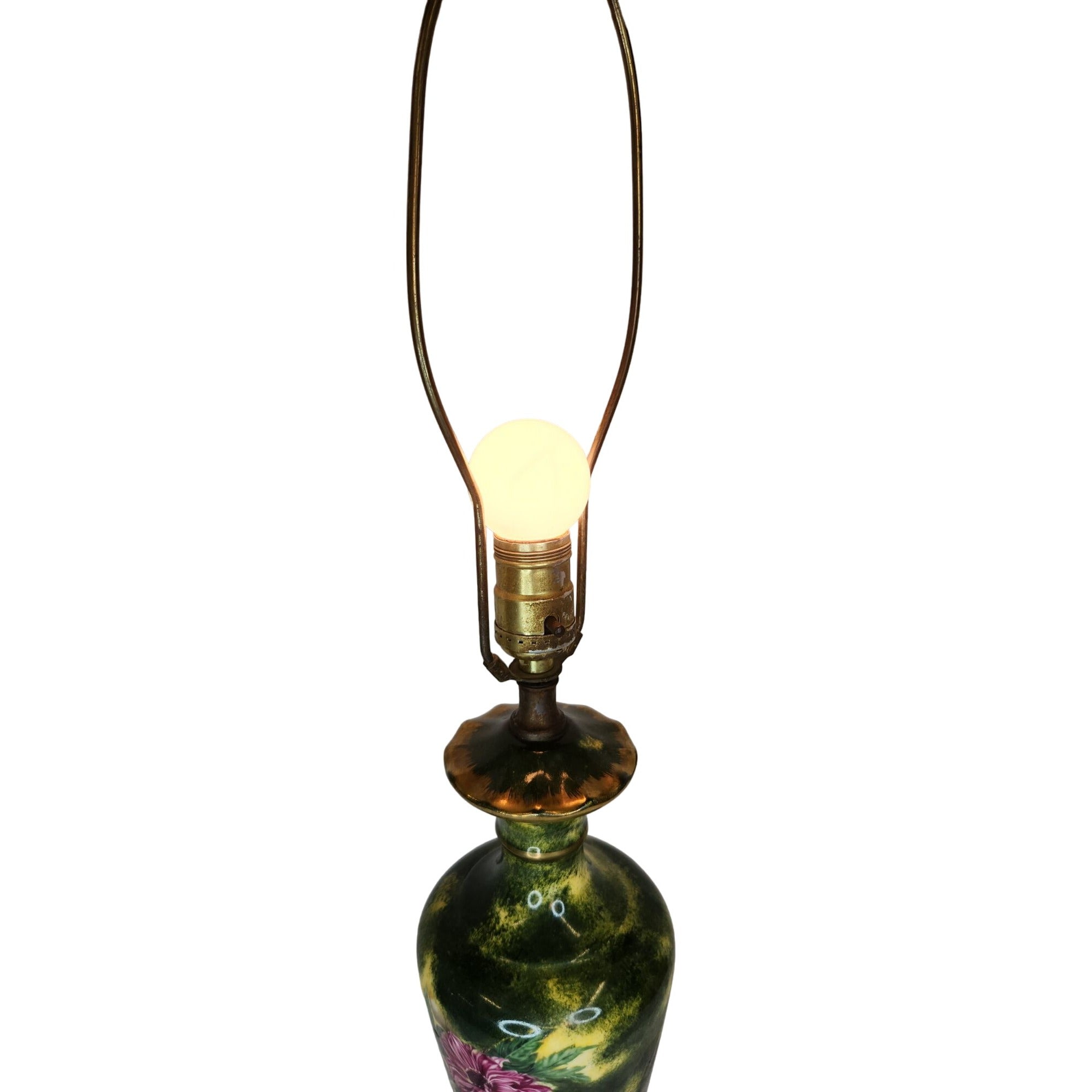 Vintage floral ceramic table lamp, hand painted Victorian style lamp, cottagecore decor, signed RE Rose lamp, green pink lighting