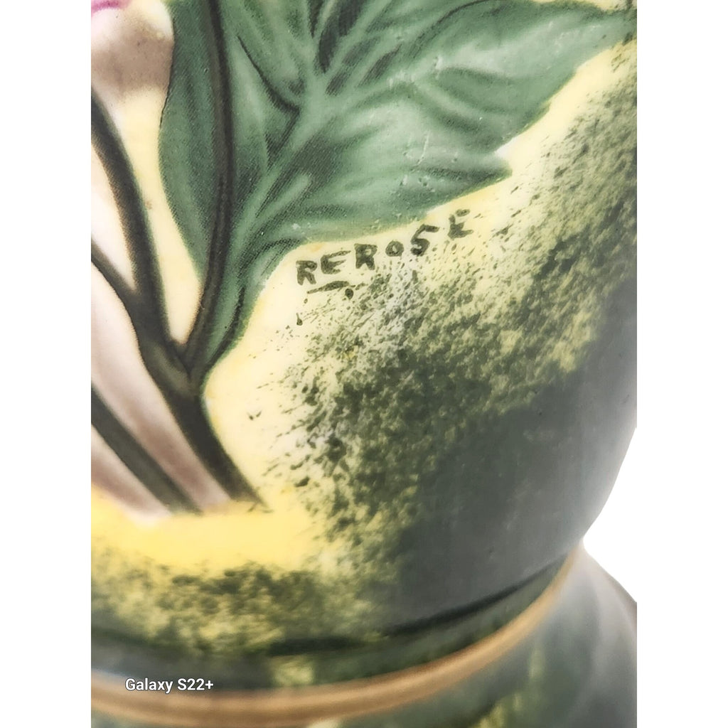 Vintage floral ceramic table lamp, hand painted Victorian style lamp, cottagecore decor, signed RE Rose lamp, green pink lighting