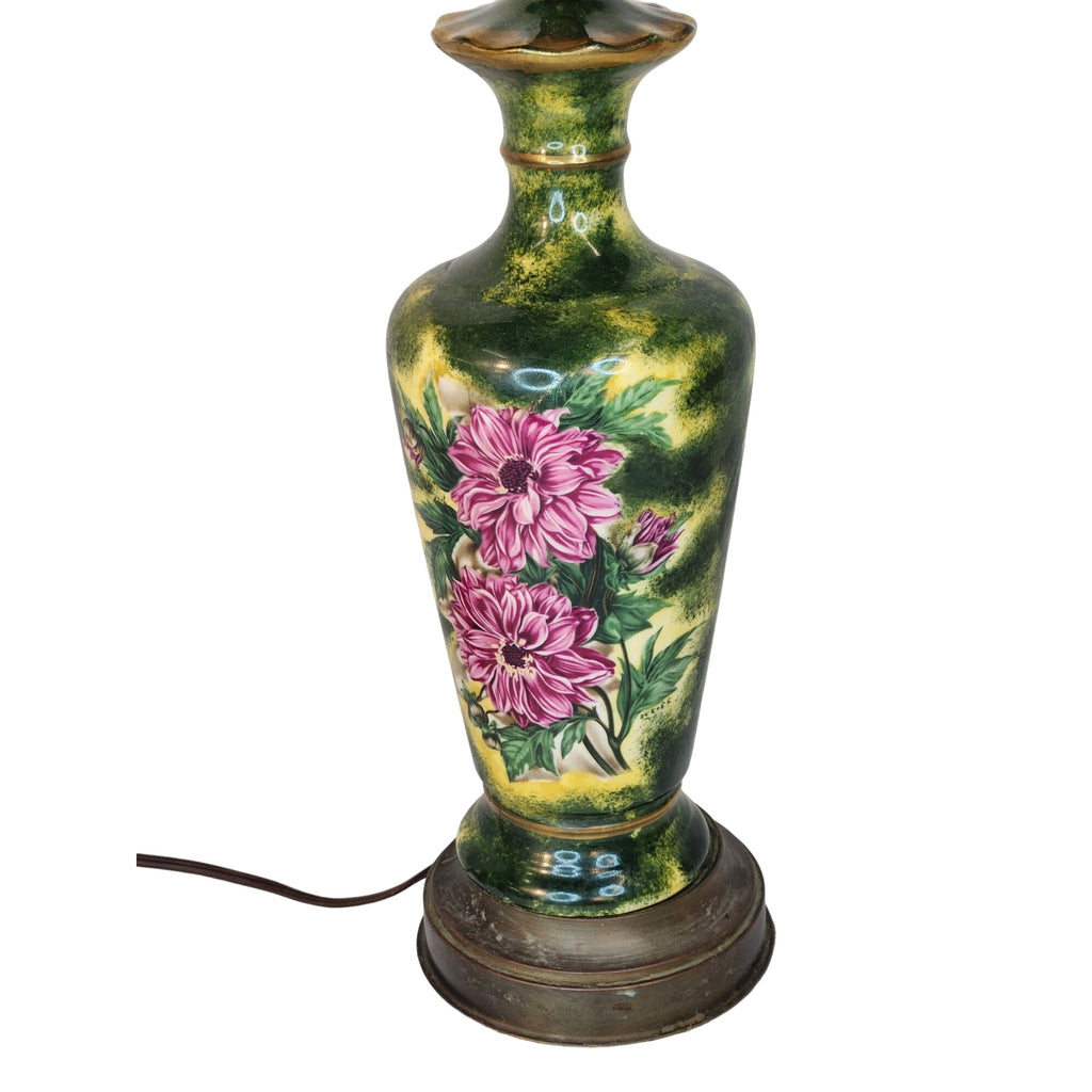 Vintage floral ceramic table lamp, hand painted Victorian style lamp, cottagecore decor, signed RE Rose lamp, green pink lighting