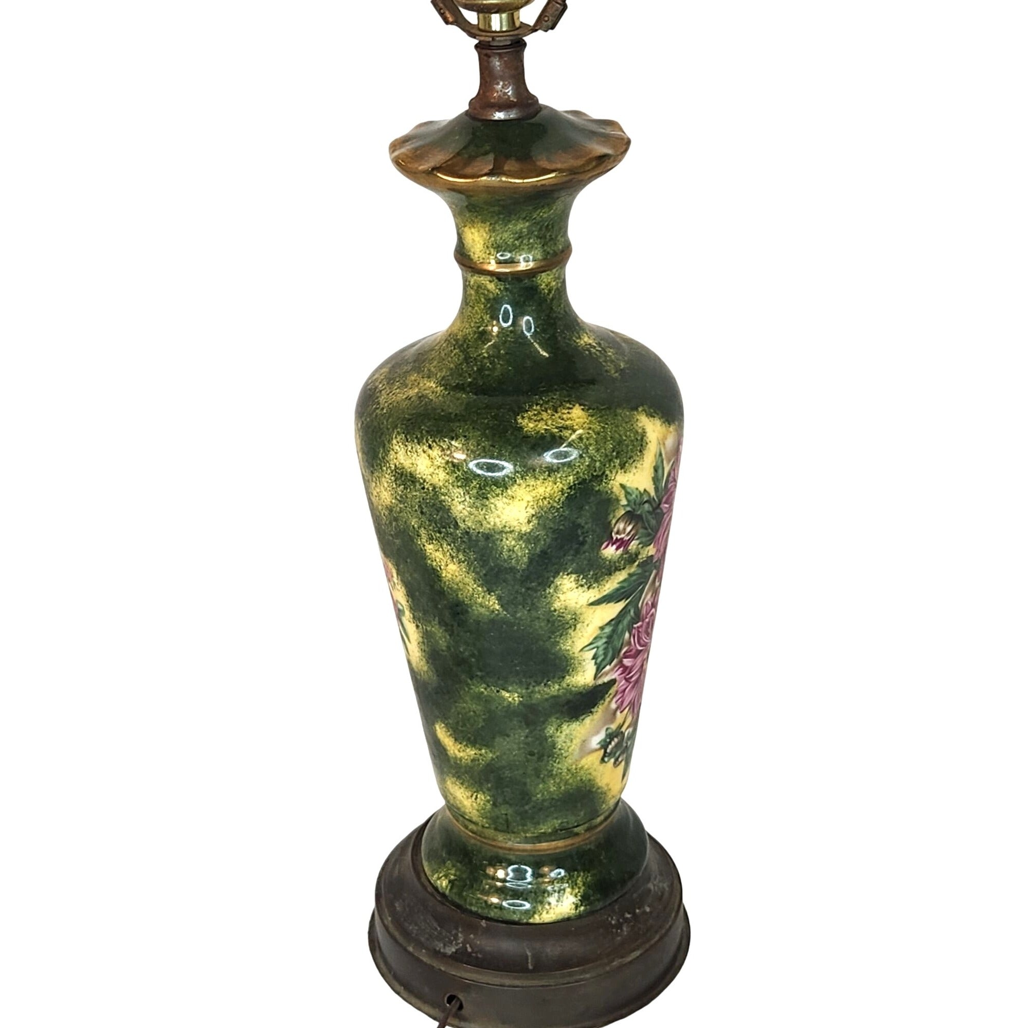 Vintage floral ceramic table lamp, hand painted Victorian style lamp, cottagecore decor, signed RE Rose lamp, green pink lighting