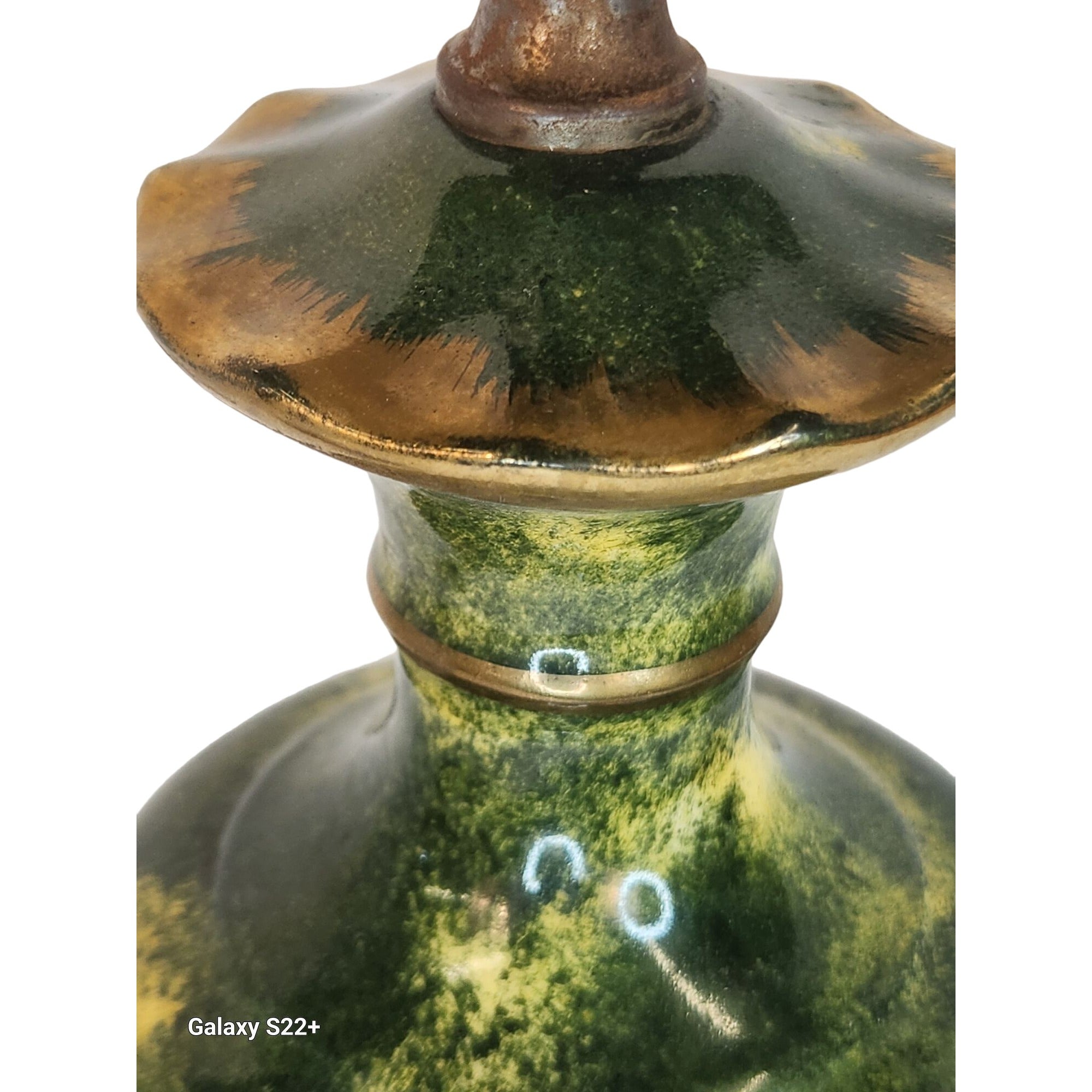 Vintage floral ceramic table lamp, hand painted Victorian style lamp, cottagecore decor, signed RE Rose lamp, green pink lighting
