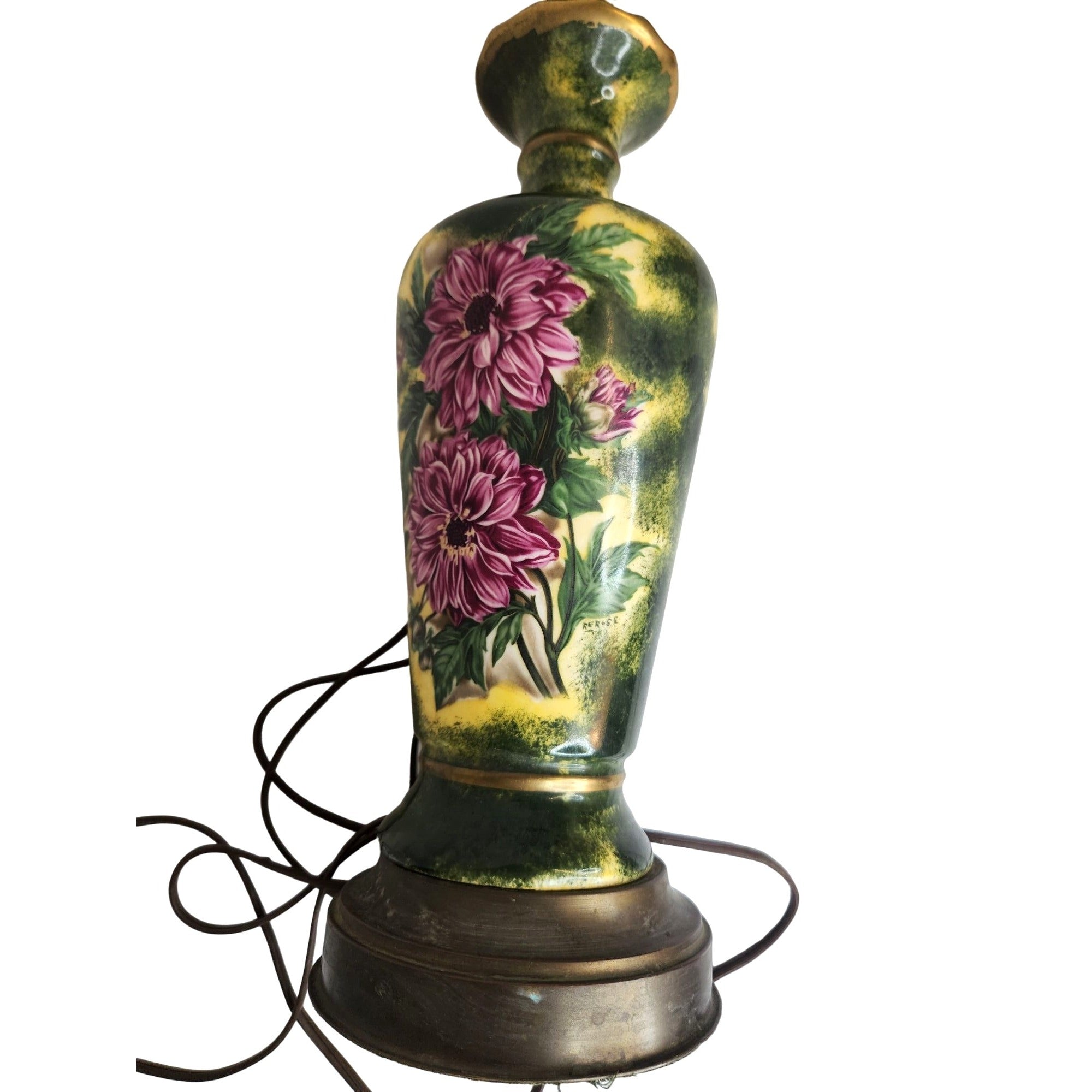 Vintage floral ceramic table lamp, hand painted Victorian style lamp, cottagecore decor, signed RE Rose lamp, green pink lighting