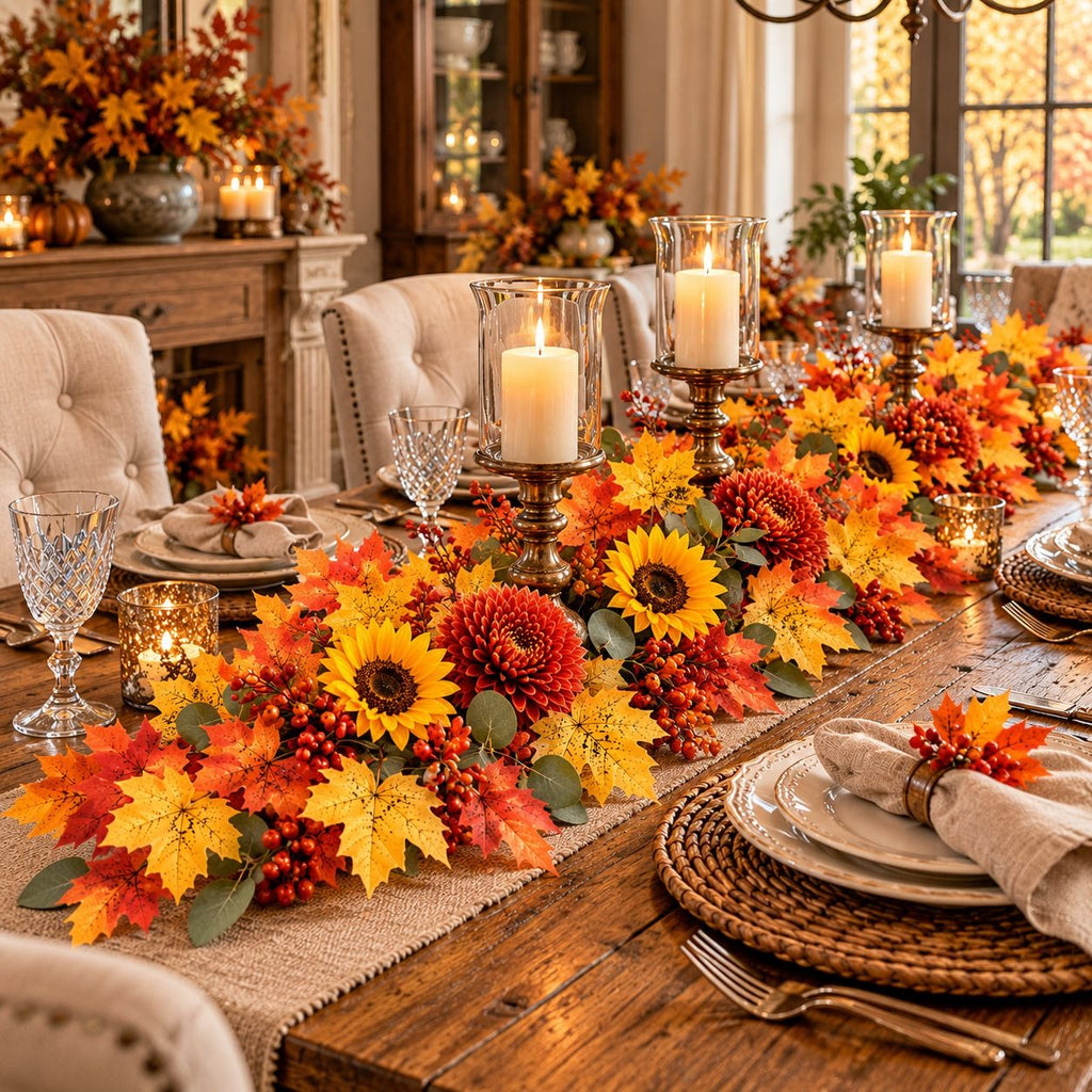 2 Artificial Maple Leaf Garlands, 4.5 Ft Each, Fall Thanksgiving Table Decor