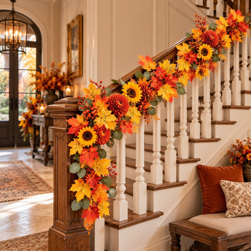2 Artificial Maple Leaf Garlands, 4.5 Ft Each, Fall Thanksgiving Table Decor