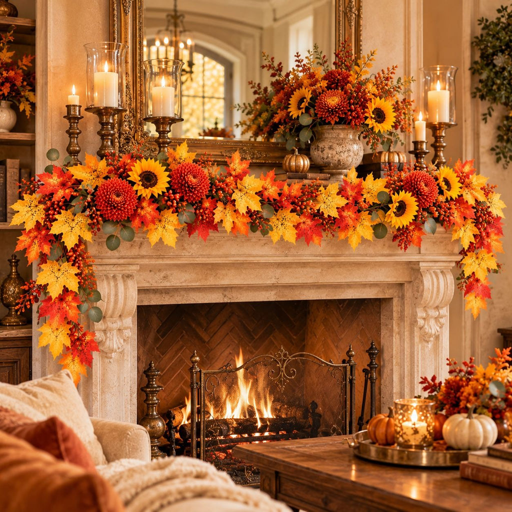 2 Artificial Maple Leaf Garlands, 4.5 Ft Each, Fall Thanksgiving Table Decor