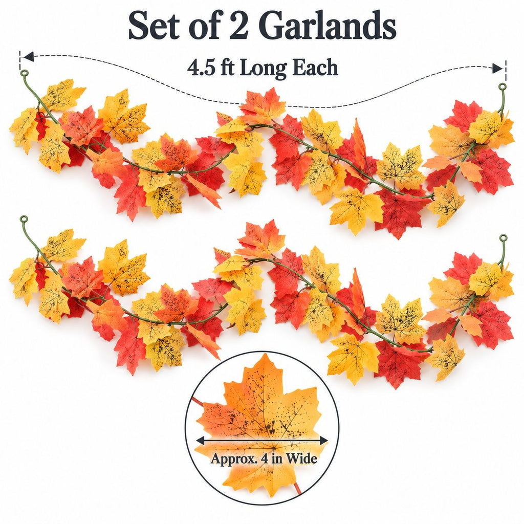 2 Artificial Maple Leaf Garlands, 4.5 Ft Each, Fall Thanksgiving Table Decor
