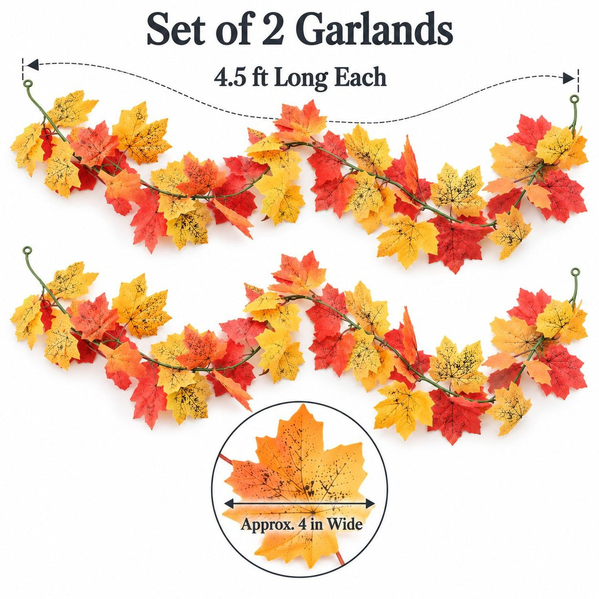 2 Artificial Maple Leaf Garlands, 4.5 Ft Each, Fall Thanksgiving Table Decor