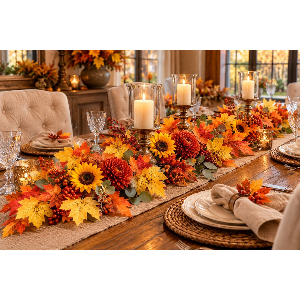 2 Artificial Maple Leaf Garlands, 4.5 Ft Each, Fall Thanksgiving Table Decor