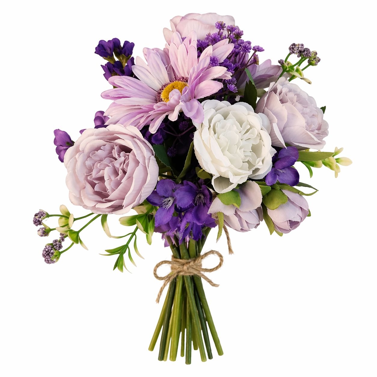 Bouquet of purple, white, and pink flowers with green leaves on a white background