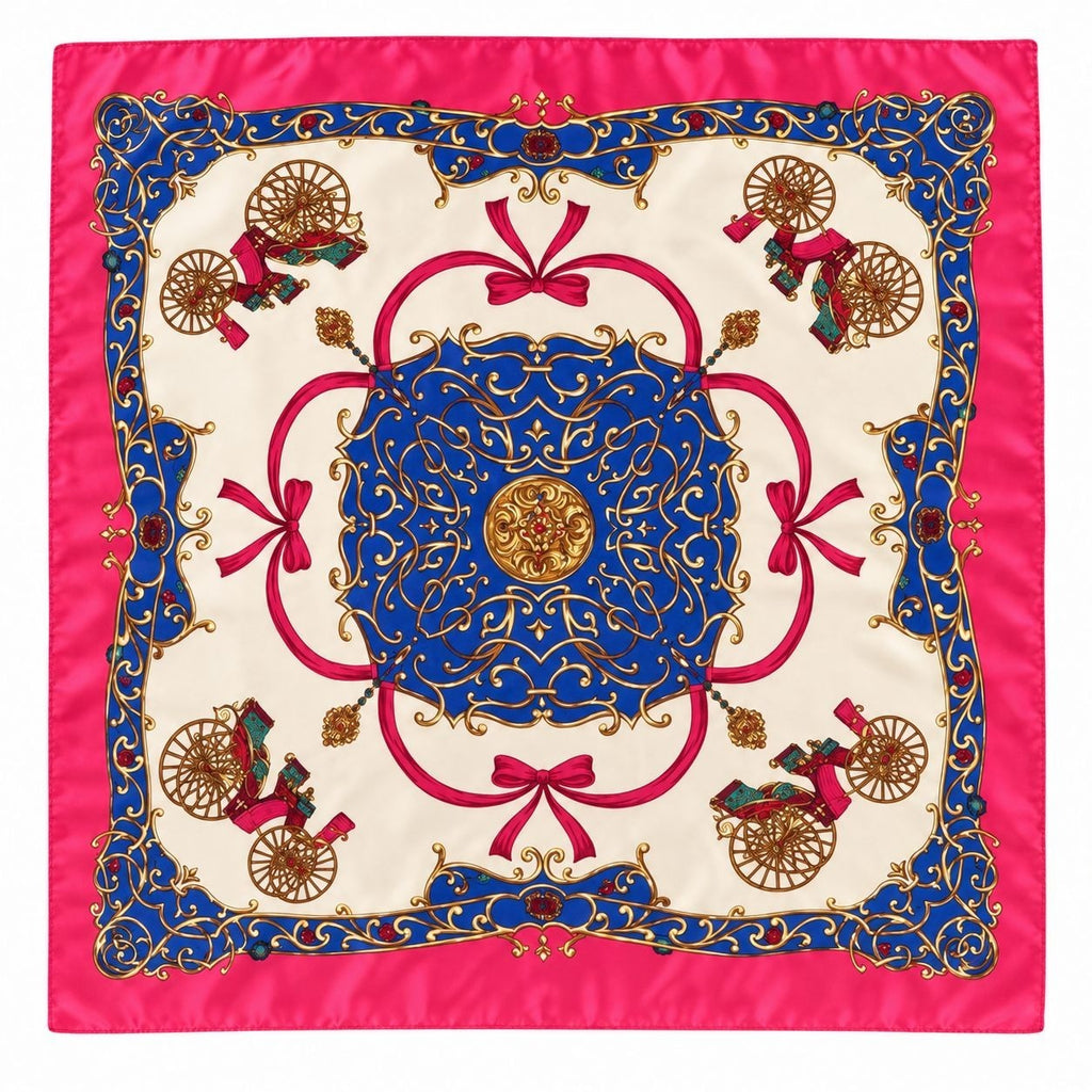 A square silk scarf featuring a classic ornate pattern with a central blue medallion, red ribbon motifs, gold decorative flourishes, and small carriage illustrations on an ivory background, finished with a bright pink border.