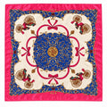 A square silk scarf featuring a classic ornate pattern with a central blue medallion, red ribbon motifs, gold decorative flourishes, and small carriage illustrations on an ivory background, finished with a bright pink border.