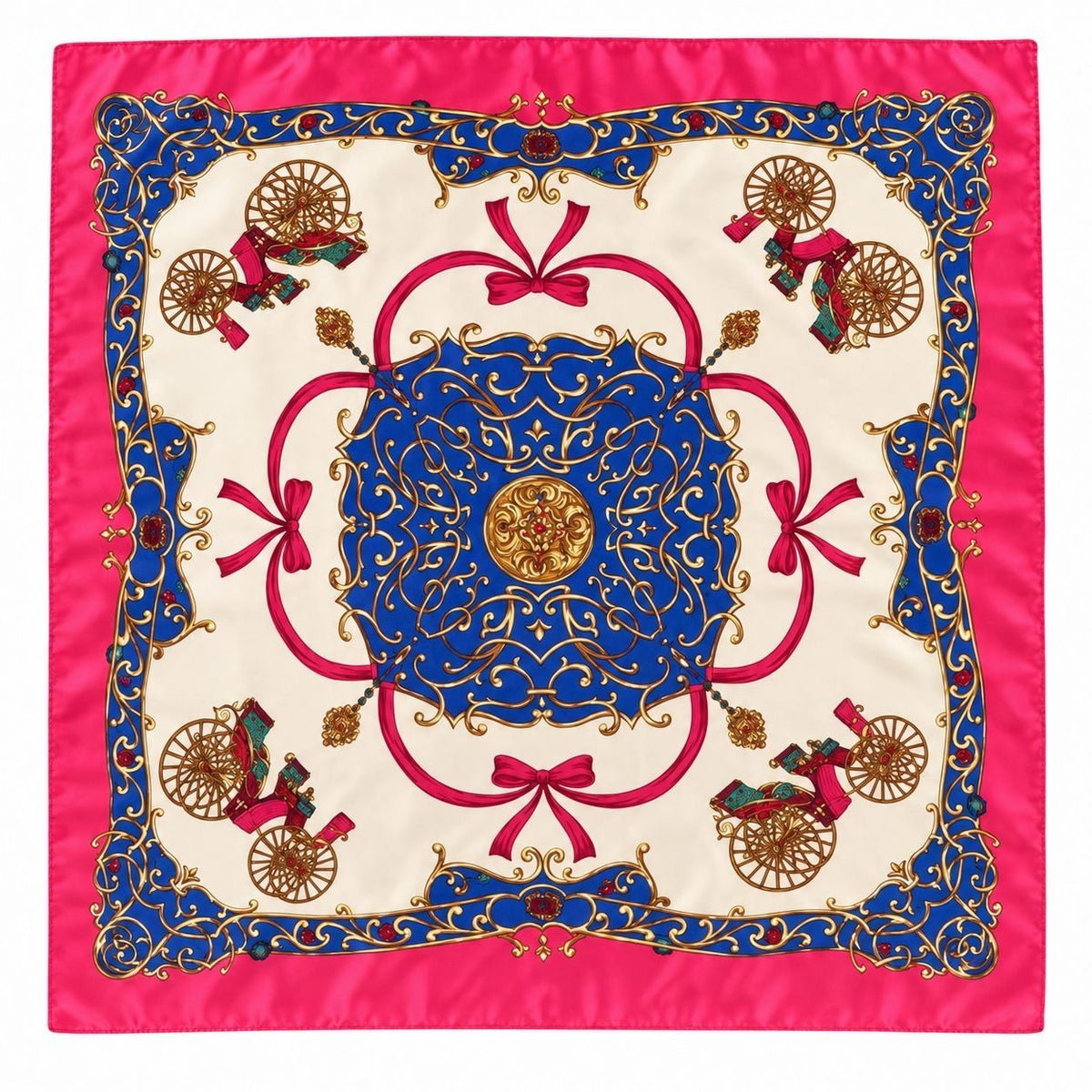 A square silk scarf featuring a classic ornate pattern with a central blue medallion, red ribbon motifs, gold decorative flourishes, and small carriage illustrations on an ivory background, finished with a bright pink border.