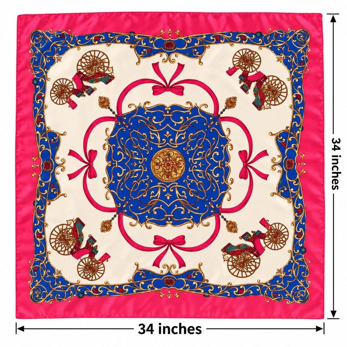 A square silk scarf with a classic baroque pattern, shown with dimension lines indicating its size is 34 inches by 34 inches. The design features a cream center with a large blue medallion, red bows, gold scrollwork, and brown carriages, surrounded by a bright pink border.