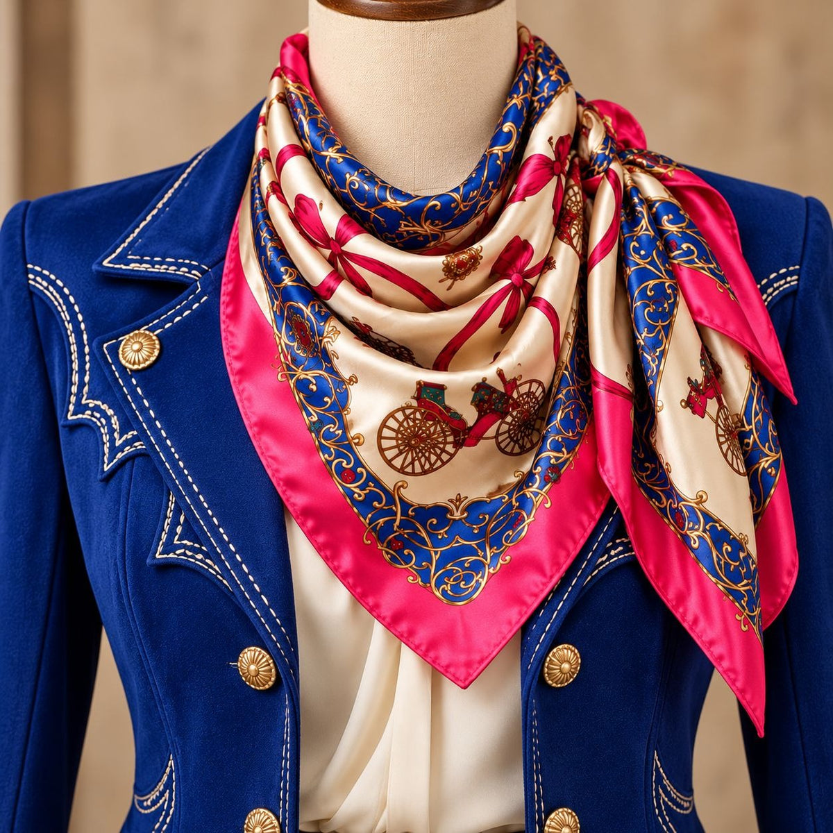 A silk scarf with a vibrant pink border, blue and gold carriage pattern, and cream center, styled on a mannequin wearing a blue jacket.