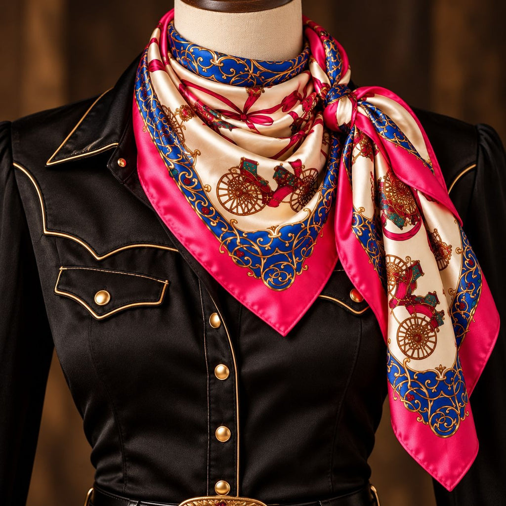 A silk-like square scarf with a western carriage print, draped around the neck of a black western-style shirt on a mannequin torso. The scarf has bright pink borders, blue ornate patterns, and beige sections printed with red carriages and gold details.
