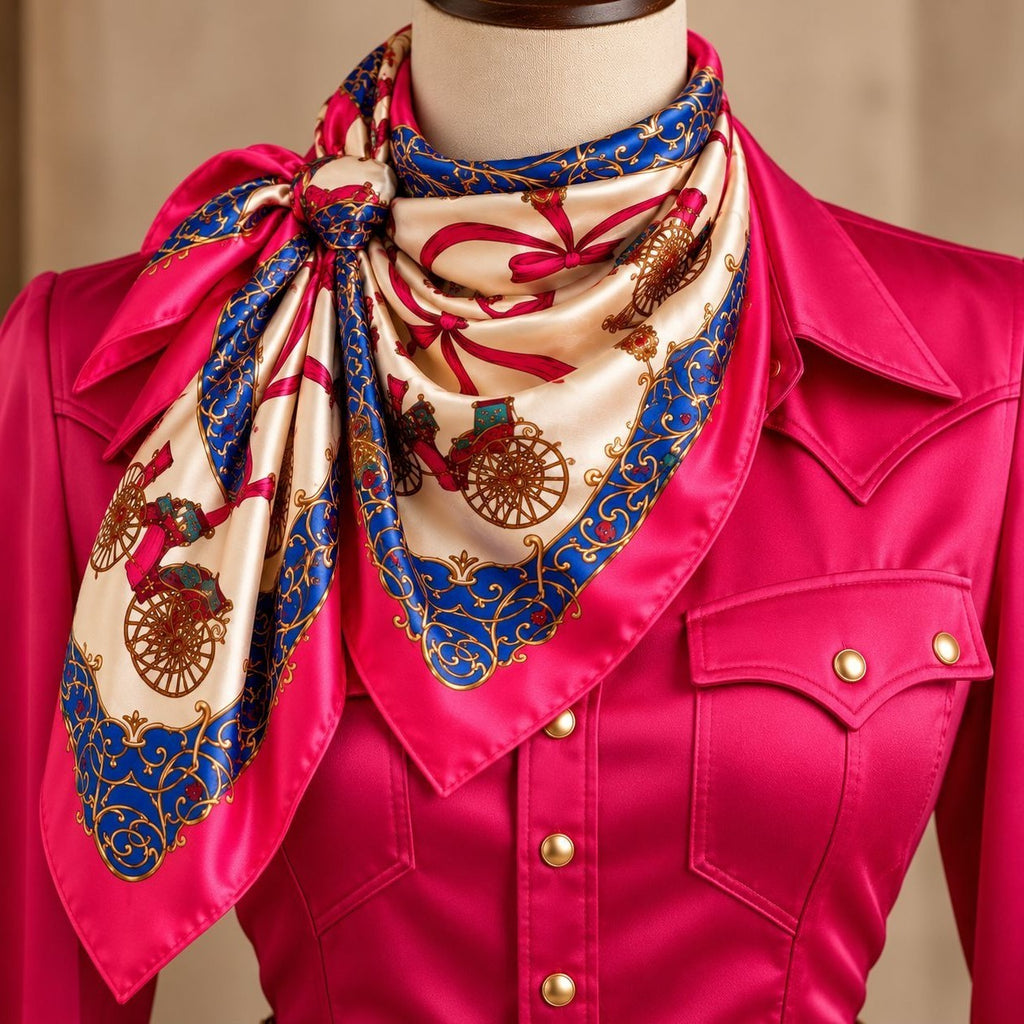 A silk scarf with a vintage carriage print in beige, blue, and red, styled around the neck of a mannequin wearing a bright pink western-style shirt.