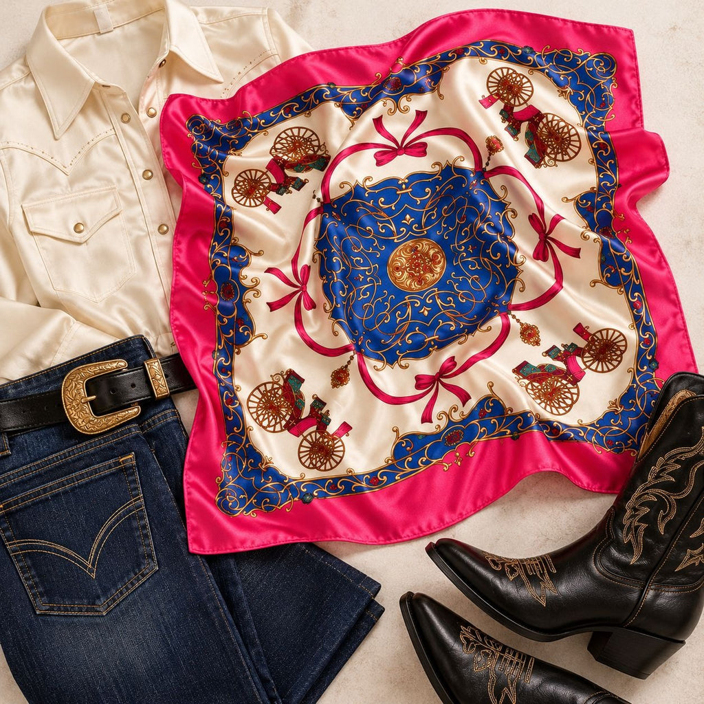 A styled flat-lay featuring a square silk scarf with a vibrant blue center, gold detailing, and a hot pink border with carriage motifs, paired with a cream western shirt, blue jeans, and black cowboy boots on a light beige background.