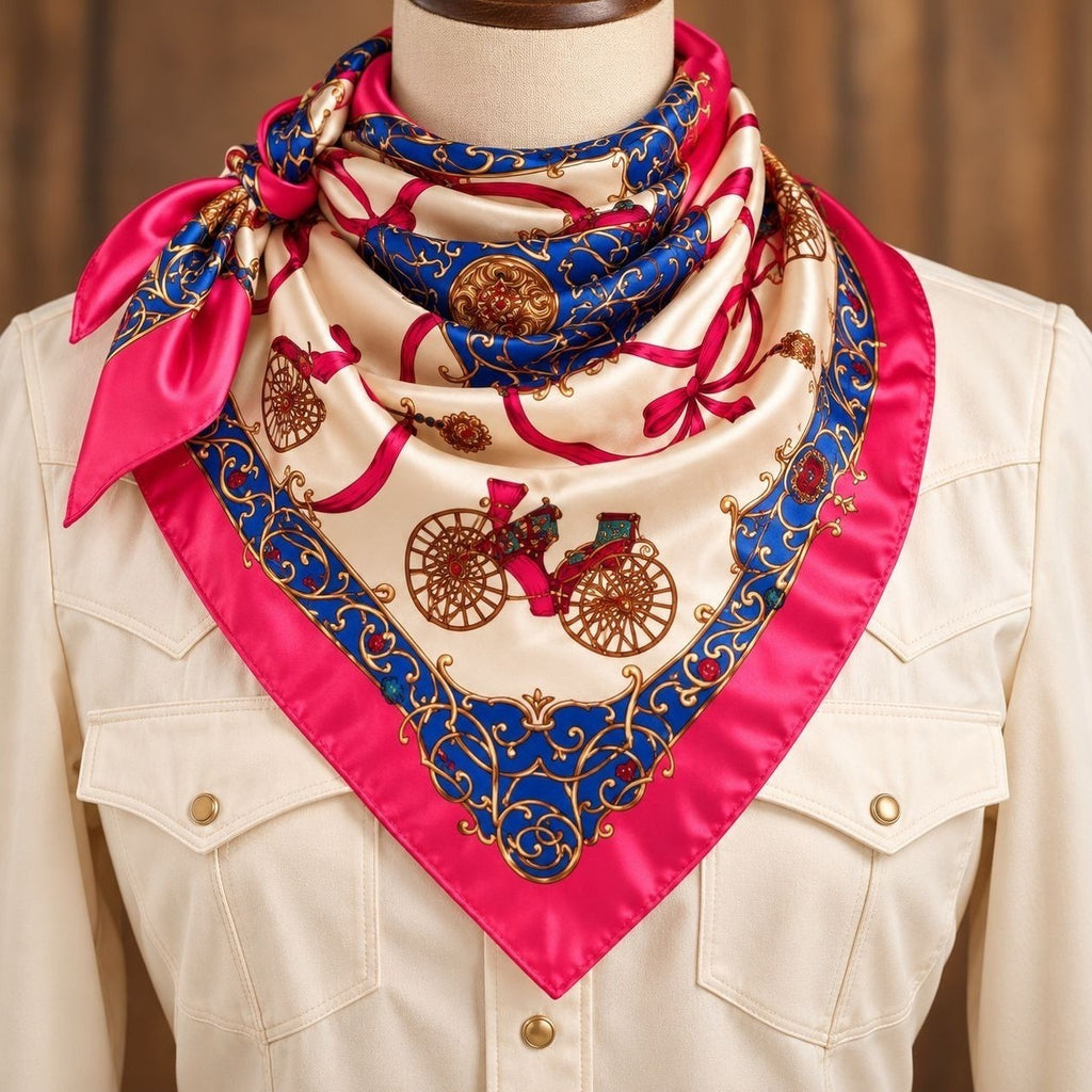 A silk-like square scarf with a bright pink border, blue and cream central field, and printed carriage motifs, styled on a mannequin wearing a cream jacket against a warm wood background.