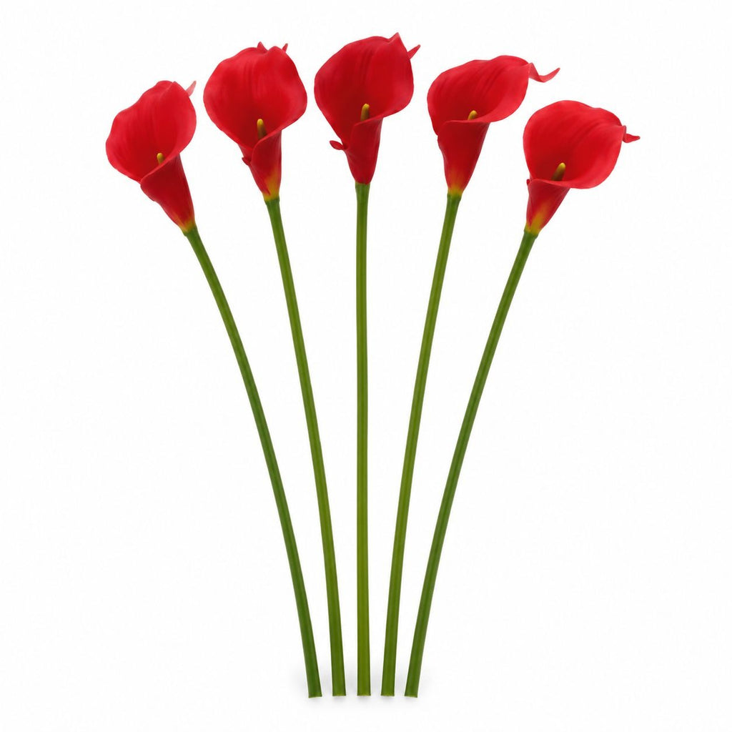 Five artificial red calla lilies with long green stems, arranged in a fan shape against a plain white background.