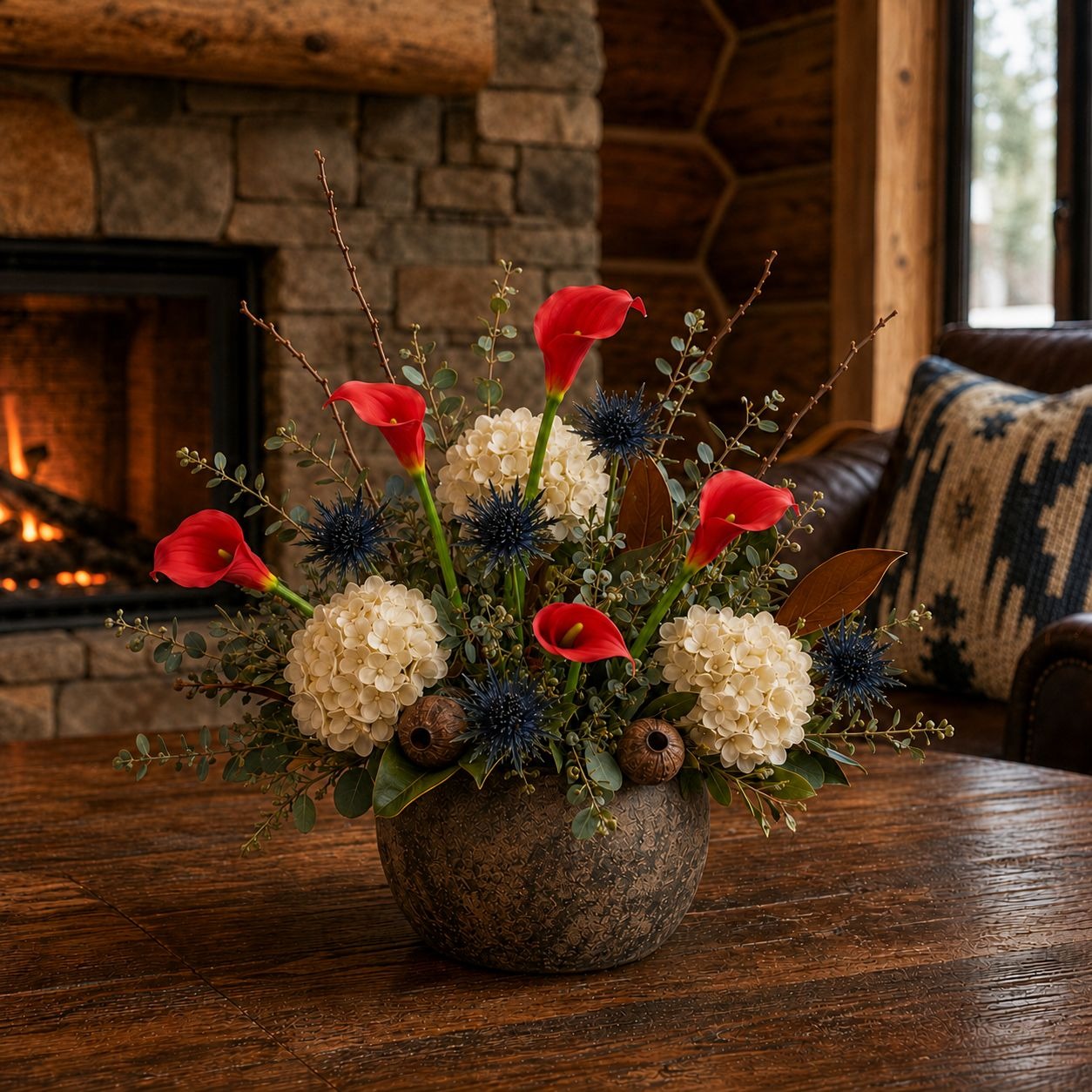 A rustic floral arrangement in a textured brown ceramic pot, featuring red calla lilies, cream hydrangeas, blue thistles, and green foliage, displayed on a wooden table in front of a cozy stone fireplace.
