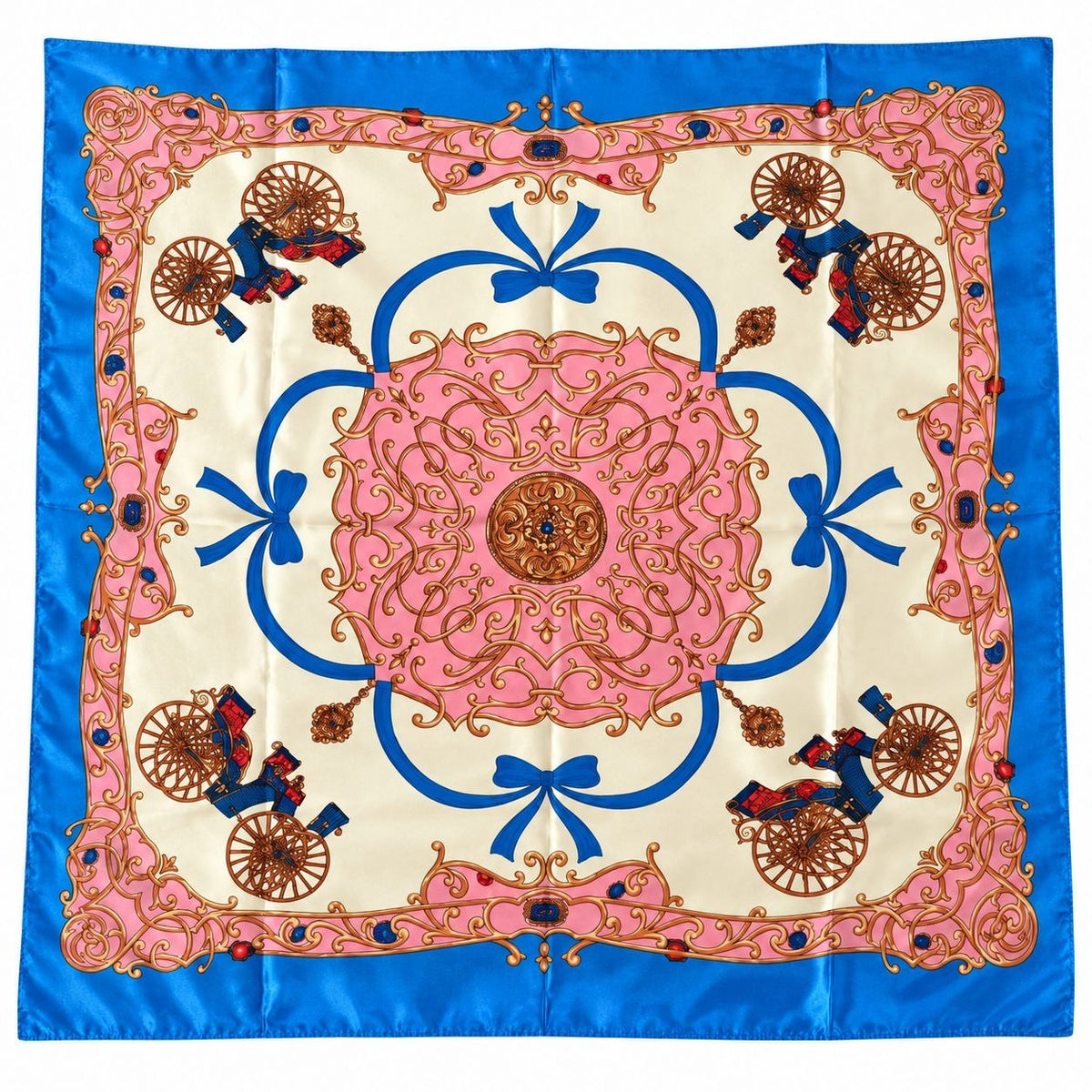 A square silk scarf featuring a vibrant French Chantilly-style pattern with a central pink medallion, blue accents, and pink and gold decorative cartouches with figures.
