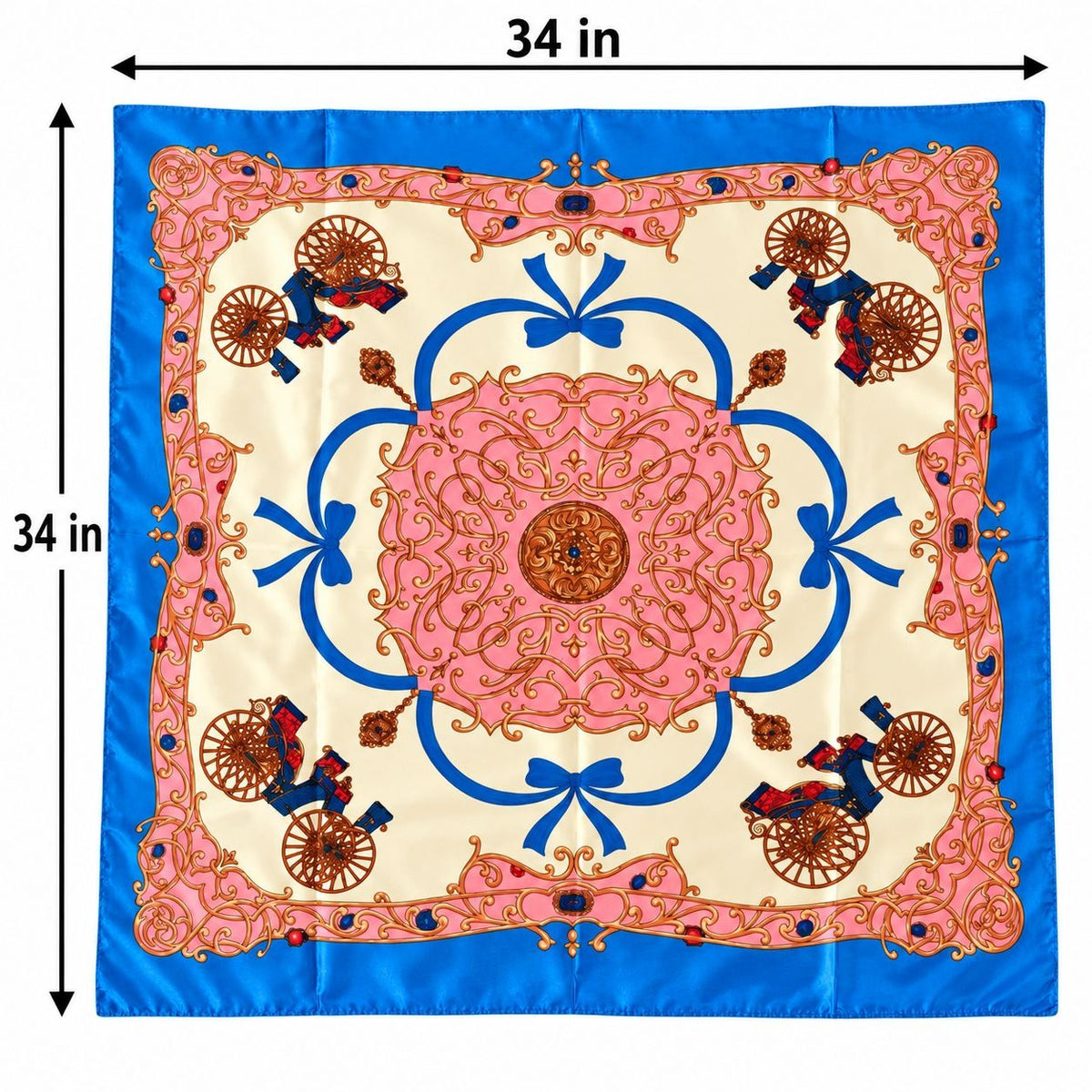 A square silk scarf with a vintage carriage motif, displayed flat with dimension lines indicating a size of 34 inches by 34 inches. The design features a cream center, a pink ornate medallion, blue accents, and brown carriages with red and blue details, all framed by a bright blue border.