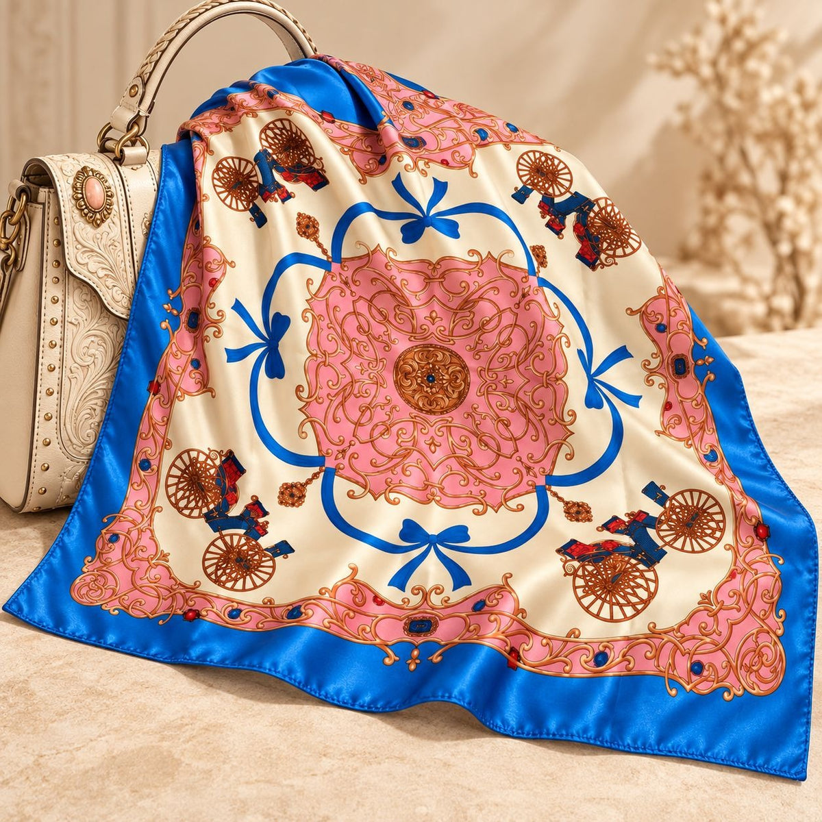 A square silk scarf with a vibrant blue border and a central pink medallion, decorated with gold carriages, blue bows, and brown details, draped over a white embossed handbag on a beige surface.