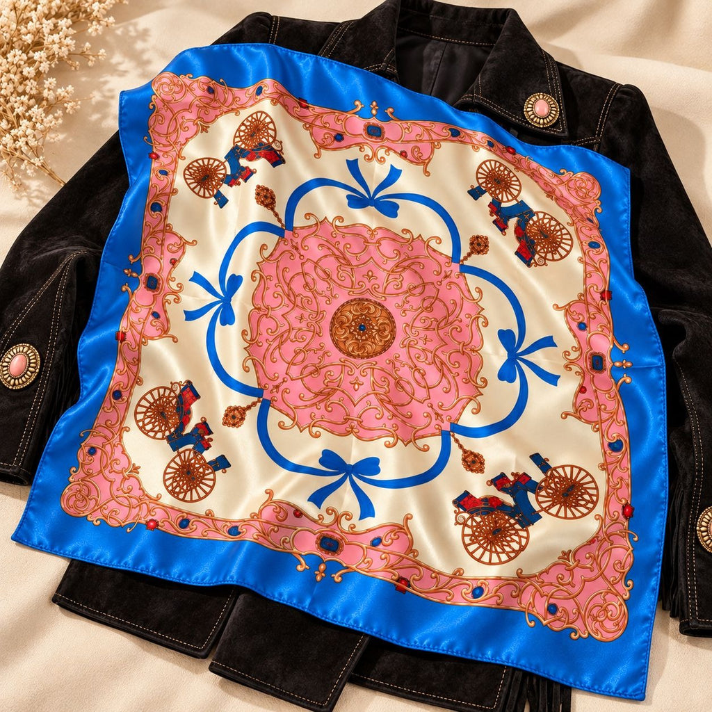 A square silk scarf with a vibrant blue border and a pink, gold, and white central medallion pattern, styled flat on top of a black suede jacket.