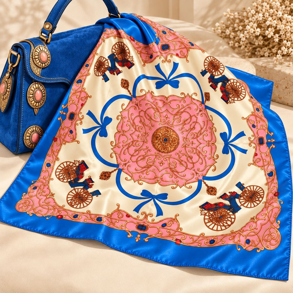 A square silk scarf with a vibrant blue border and an ornate pink, gold, and blue central medallion pattern, styled next to a blue handbag on a beige surface.