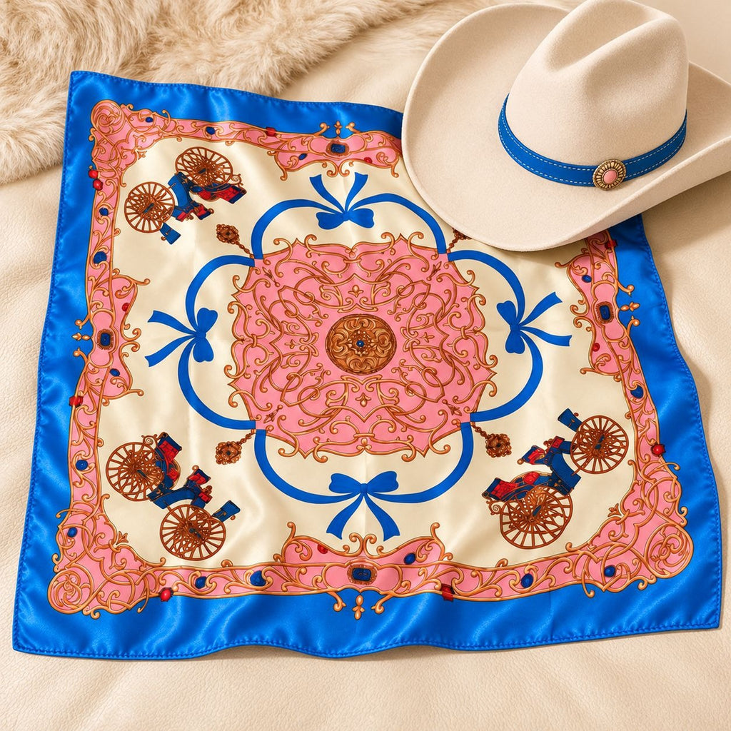 A square silk scarf with a western-themed print featuring a pink central medallion, blue scrollwork, and brown horse-drawn carriages on an ivory background, styled flat-lay with a cream cowboy hat on a beige faux fur surface.