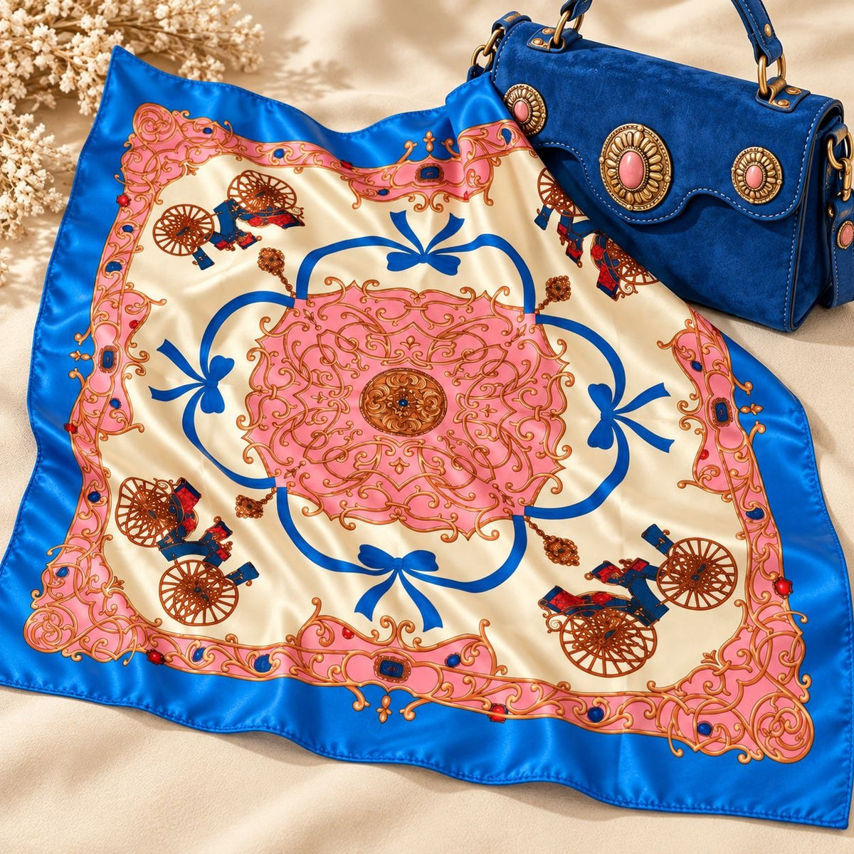Western Wild Rag Scarf 34x34 Blue Pink Cream Satin Wagon Print Cowgirl