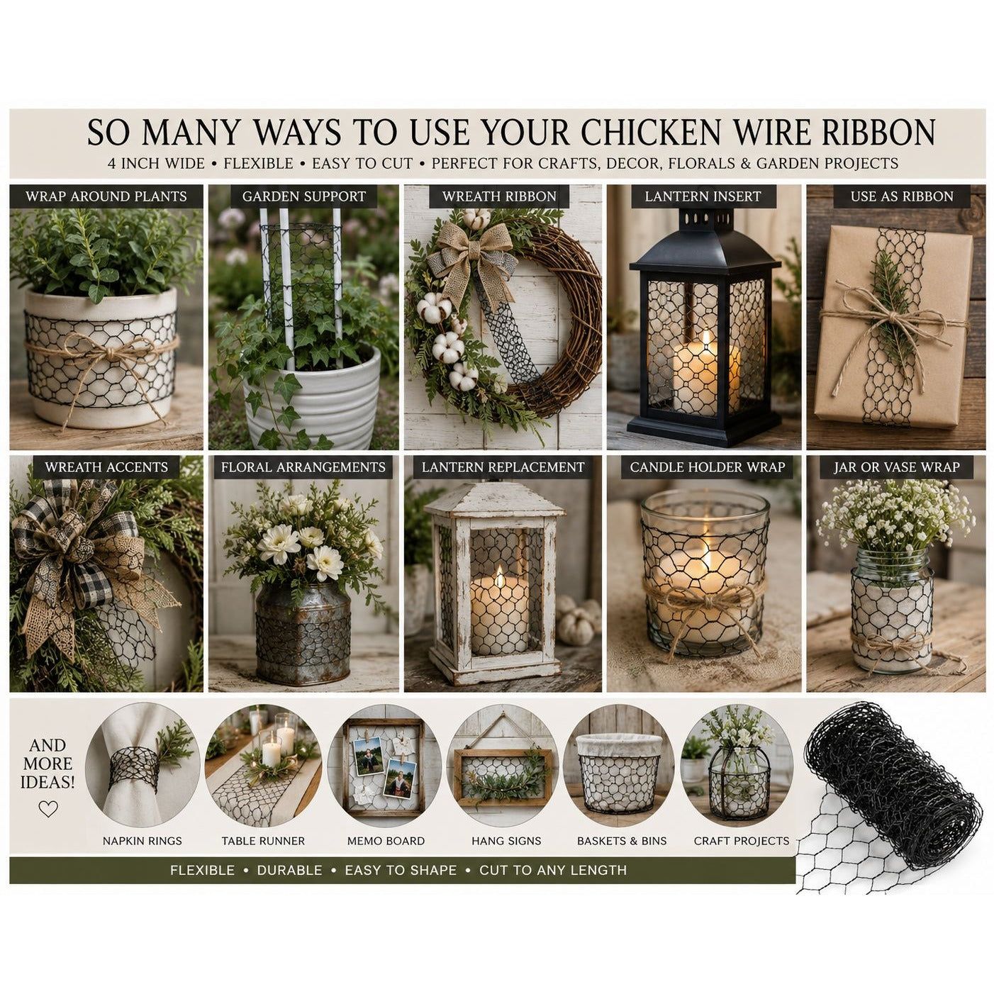 Black Chicken Wire Ribbon 4 Inch Floral Mesh Ribbon Farmhouse Wreath Supply Flower Arranging Wire Rustic Craft Mesh Garden Decor 1 Yard