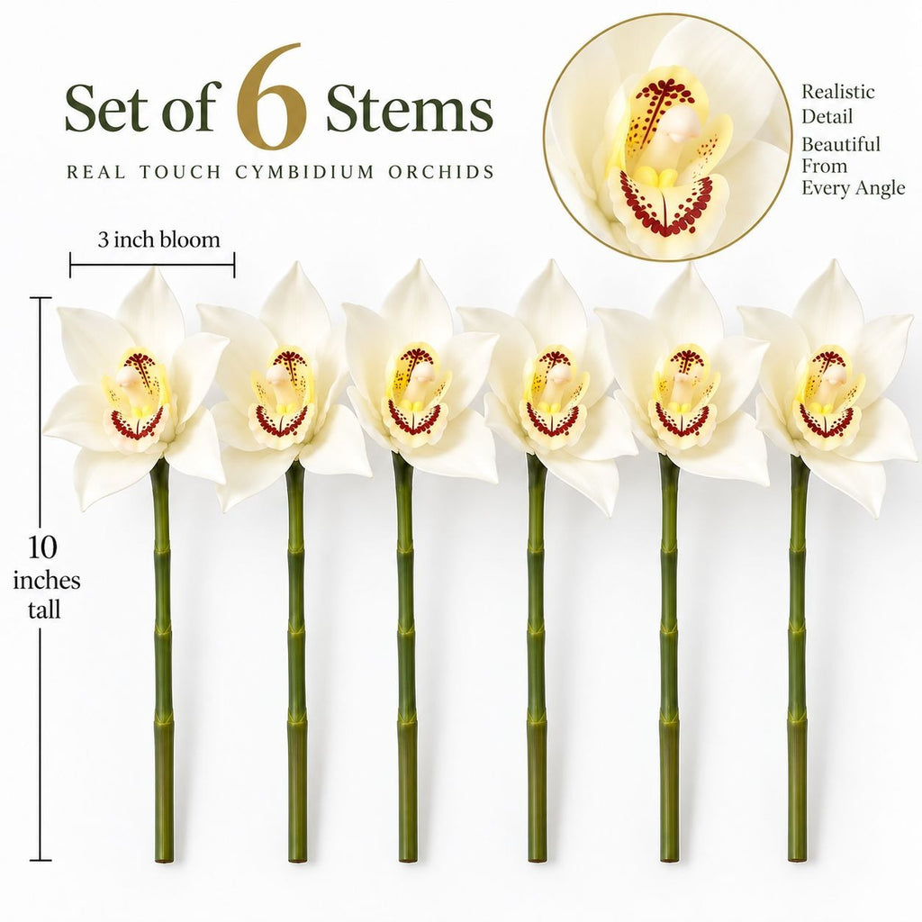 6 White Real Touch Cymbidium Orchid Stems, 10-Inch Wedding Flowers