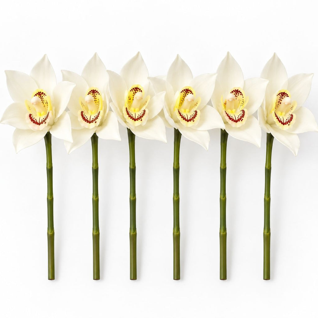 6 White Real Touch Cymbidium Orchid Stems, 10-Inch Wedding Flowers