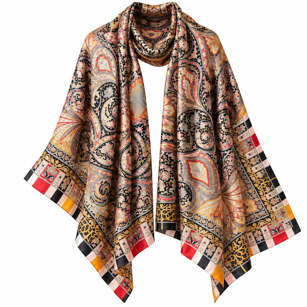 A large square scarf with an intricate paisley and geometric pattern in beige, black, orange, red, and yellow, draped against a plain white background.