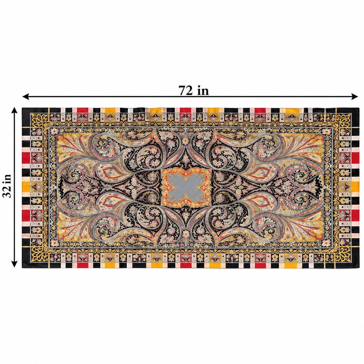 An ornate rectangular satin scarf shown flat on a white background with dimension arrows and labels indicating 72 inches wide by 32 inches deep. The scarf features a complex symmetrical paisley and floral pattern in black, gold, beige, red, and gray.