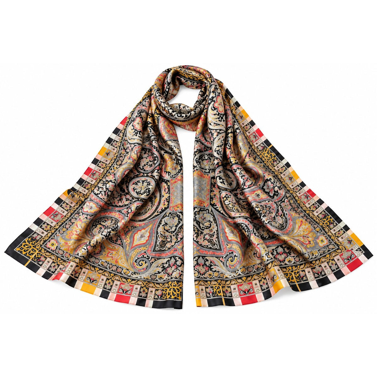 Black Multicolor Paisley Satin Polyester Scarf 72x32 Long Wrap Shawl Stole