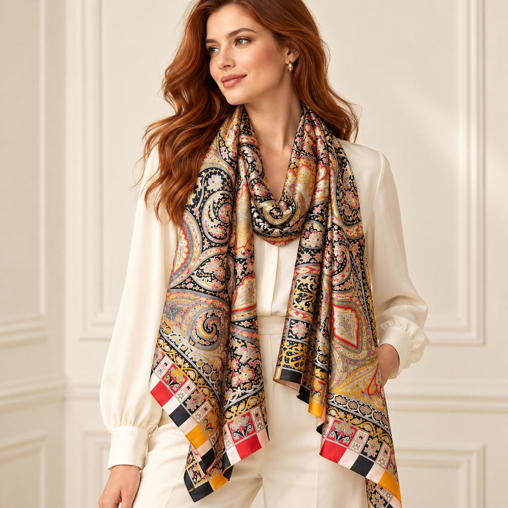 A woman wearing a cream blouse and cream trousers models a large paisley scarf with a multicolor pattern of black, gold, red, yellow, and blue. She is standing against a white paneled wall.